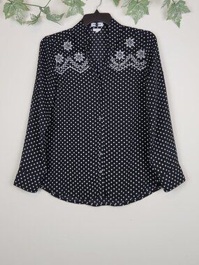 Express Portofino Shirt Women's Size L Black White Polka Dot Embroidered Top